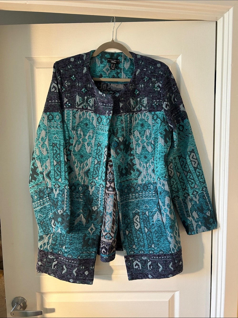 Susan Graver Teal & Navy Patterned Open-Front Jacket